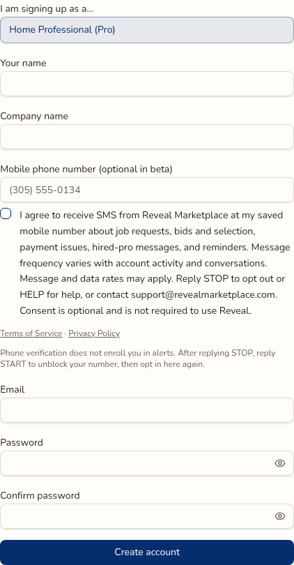 Pro signup real SMS consent screenshot